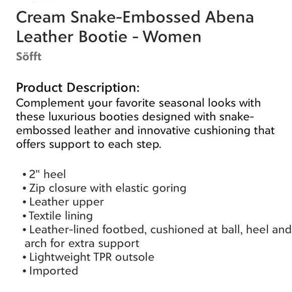 Sofft Cream Snake-Embossed Abena Leather Bootie Women’s Size 6 Medium NEW - Picture 9 of 9